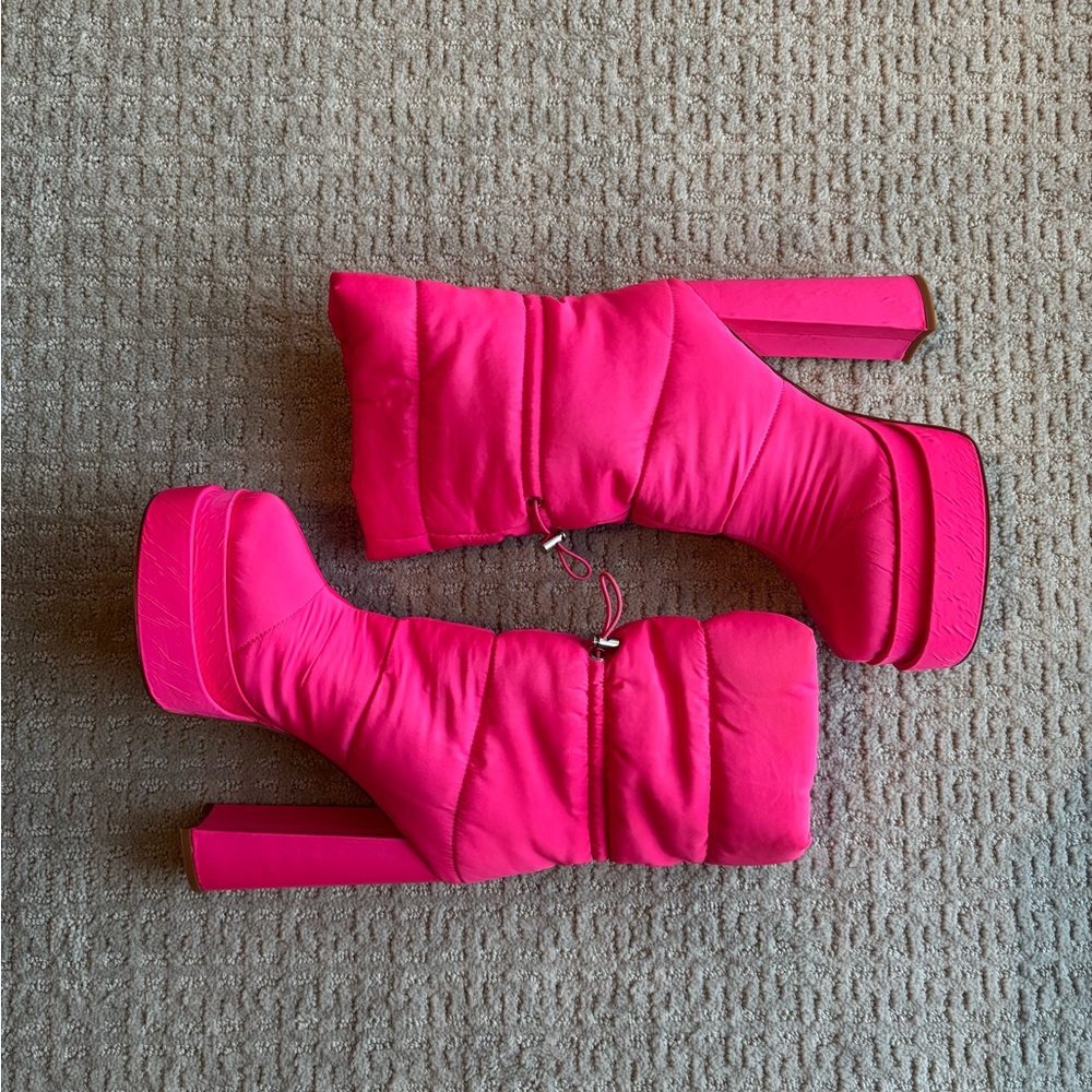Neon Pink Puffer Healed Boots (Brand New | In Box)